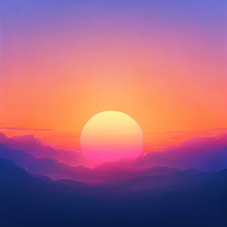 Vibrant sunset over mountains with warm, glowing sun on the horizonの素材