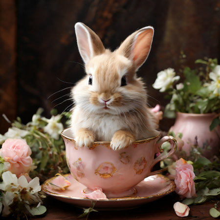 Adorable bunny sitting inside a vintage floral teacupの素材