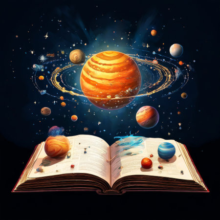 Open book revealing a magical solar system illustrationの素材