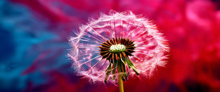Vibrant dandelion seed head with colorful backgroundの素材