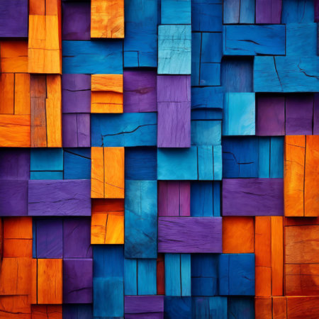 Vibrant abstract pattern of geometric wooden blocks in orange and blueの素材