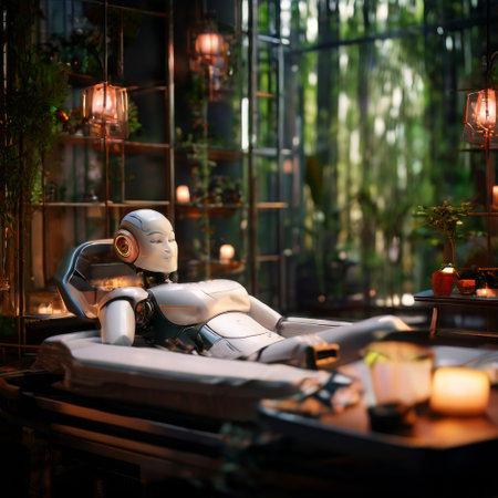 Futuristic humanoid robot relaxing in a serene spa environmentの素材