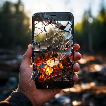 Hand holding cracked smartphone with shattered glassの素材