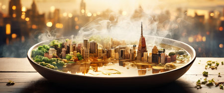 Creative cityscape in a soup bowl blending urban and culinary themesの素材