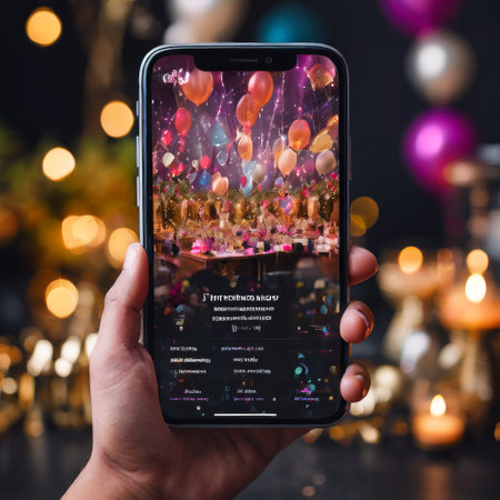 Smartphone showing festive party scene with colorful balloonsの素材