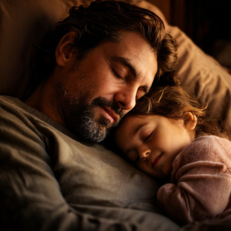 Father and daughter peacefully sleeping together in warm lightの素材
