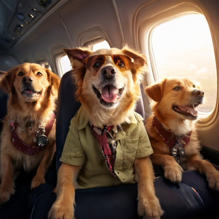 Three happy dogs on an airplane adventureの素材