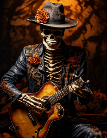 Skeleton playing guitar in spooky autumn forest sceneの素材