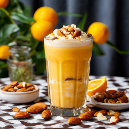 Creamy orange smoothie with almonds and cashews on a tableの素材