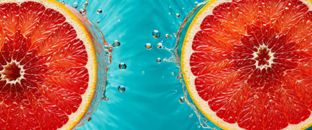 Red grapefruit halves splashing in vibrant blue waterの素材