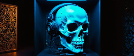 Skull with headphones under blue lightの素材