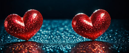 Two glittering red hearts on a sparkling blue surfaceの素材