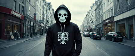 Hooded figure with skull mask on urban streetの素材