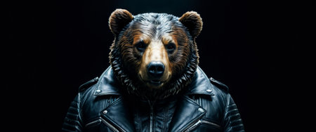Grizzly bear in a leather jacket on black backgroundの素材