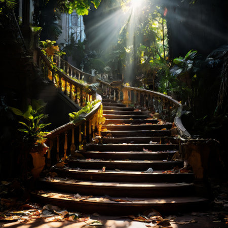 Sunlit abandoned staircase surrounded by lush greeneryの素材