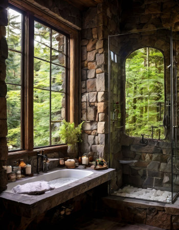 Cozy stone bathroom with forest view through large windowの素材