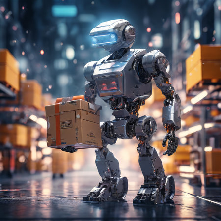 Robot handling packages in a futuristic warehouse environmentの素材