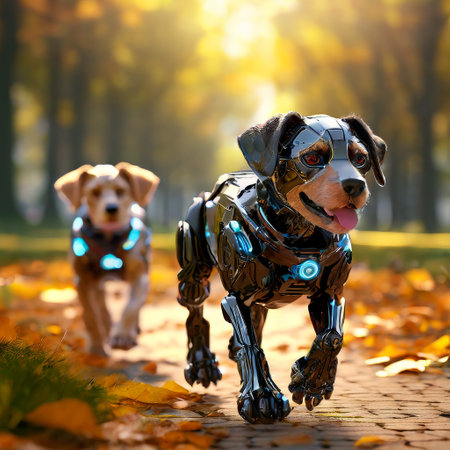 Robotic dogs running through autumn park on sunny dayの素材