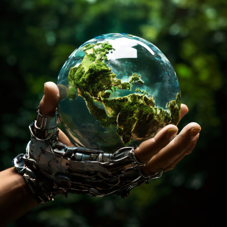 Robotic hand holding a miniature earth in a futuristic forest settingの素材