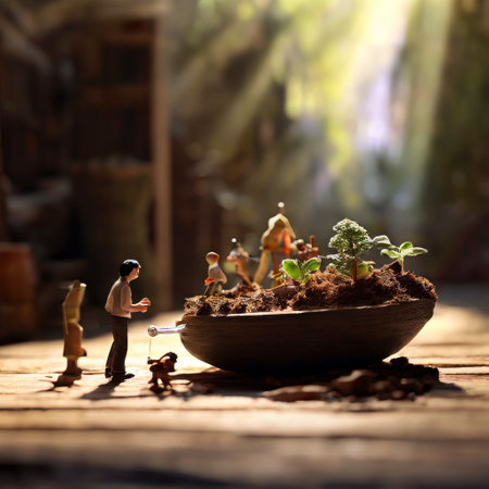 Miniature figures tending to plants in a magical lightの素材
