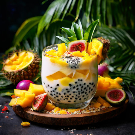 Tropical fruit yogurt parfait with chia seeds and figsの素材