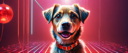 Adorable dog with disco ball in neon lightの素材