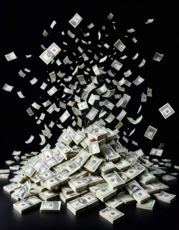 Pile of cash with floating dollar billsの素材