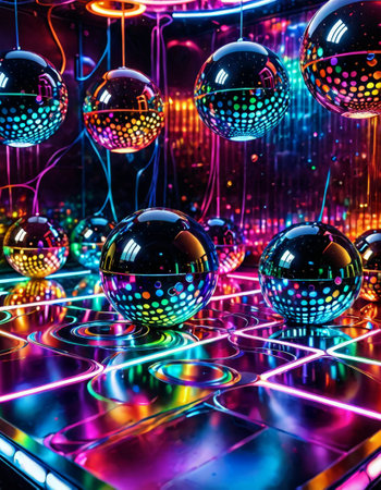 Neon disco balls in vibrant futuristic settingの素材