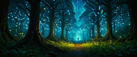Enchanted forest illuminated by bioluminescent lights at nightの素材