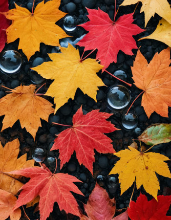Colorful autumn leaves with water droplets on dark surfaceの素材