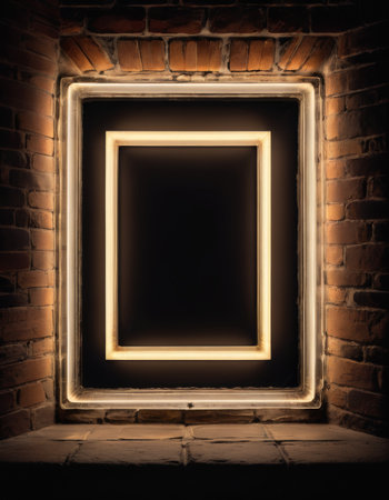 Illuminated frame on brick wall with dark backgroundの素材