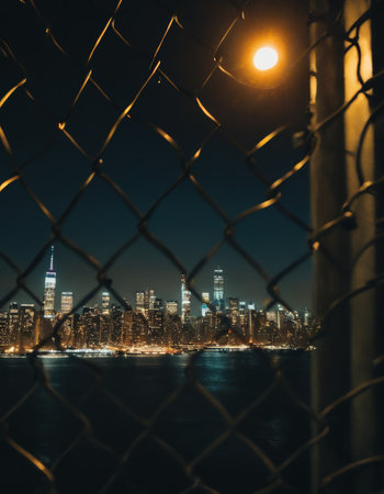 Nighttime cityscape through chain-link fence with streetlightの素材