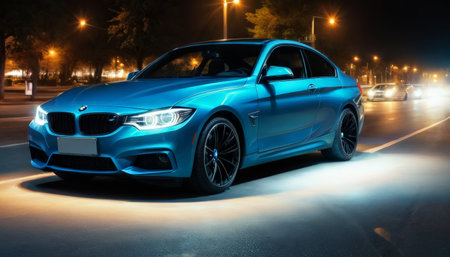 Sleek sports car in urban night settingの素材