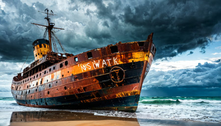 Rusty abandoned ship on stormy beachの素材