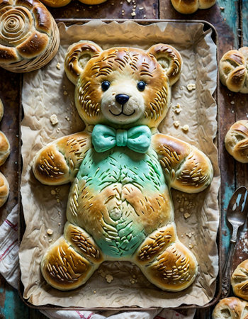 Teddy bear-shaped bread with green bow tieの素材