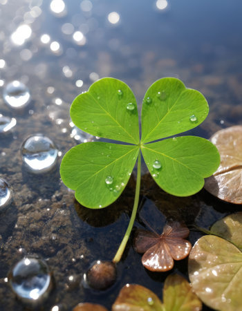 Fresh clover leaf with water droplets in natural settingの素材