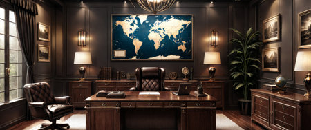 Luxurious executive office with world mapの素材