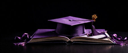 Purple graduation cap and book on black backgroundの素材