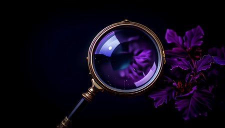 Magnifying glass with purple lens and floral accents on blackの素材