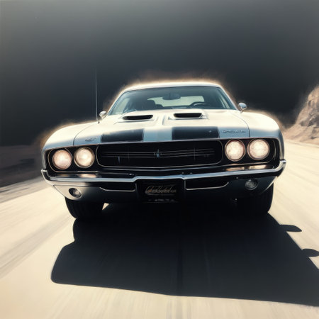 Vintage muscle car speeding on mountain roadの素材