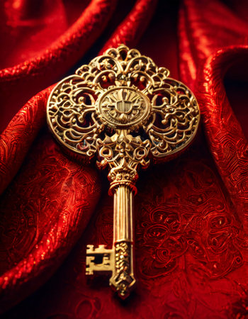 Ornate Golden Key on Luxurious Red Fabricの素材