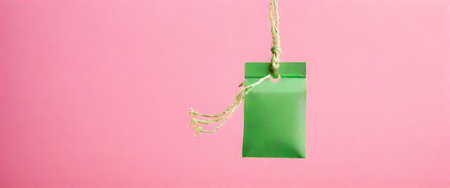Green envelope suspended on pink backgroundの素材