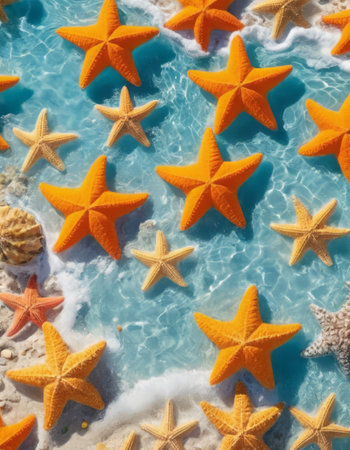Vibrant orange starfish in crystal clear blue waterの素材