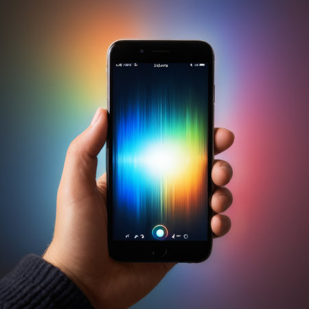 Hand holding smartphone with colorful light displayの素材