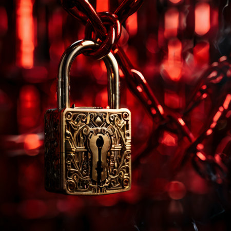 Ornate golden padlock on red chain backgroundの素材