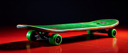 Green skateboard with green wheels on red backgroundの素材