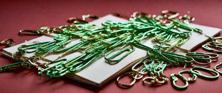 Green paper clips on a red backgroundの素材