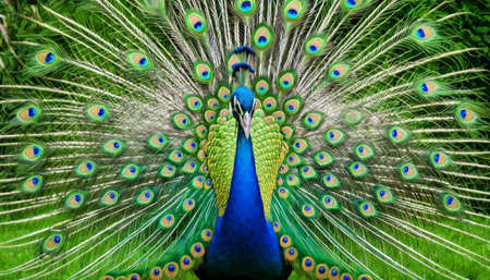 Majestic peacock displaying colorful tail feathersの素材