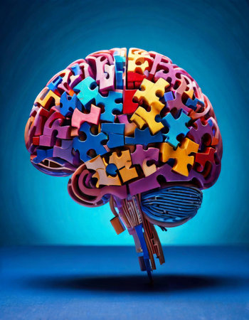 Colorful puzzle brain model on blue backgroundの素材