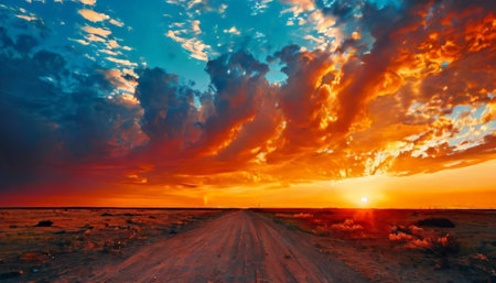 Dramatic sunset over rural road, vibrant sky and cloudsの素材